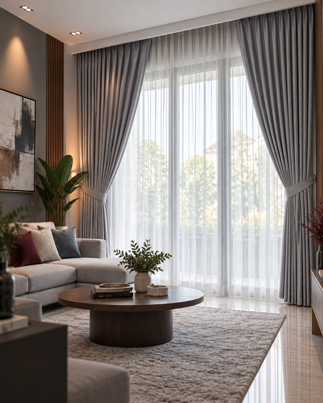 A living room with a sheer curtain across a full-height window and heavier grey drapes tied back at each side.